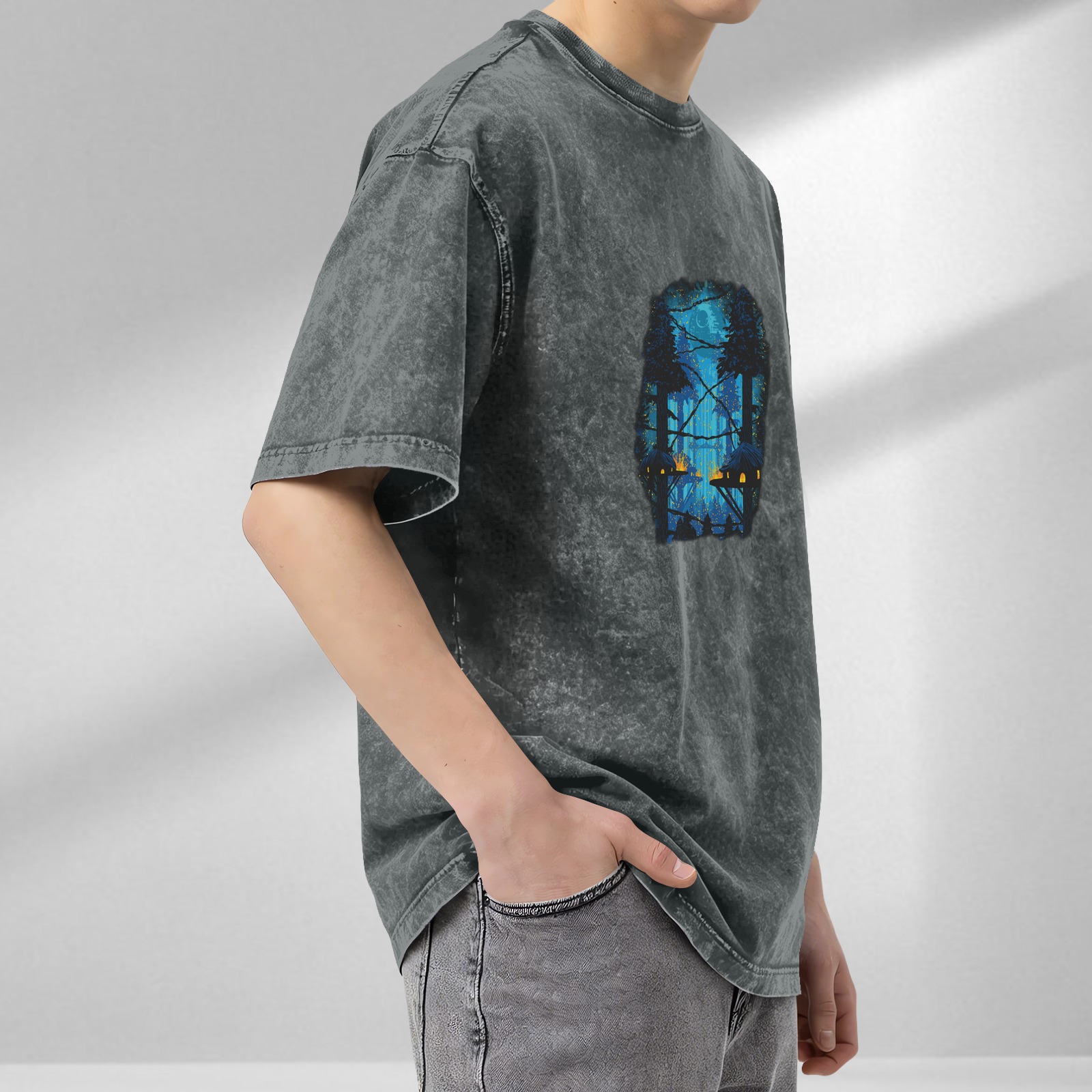 Oversized Acid Wash T-Shirt with Mystical Forest Treehouse Graphic