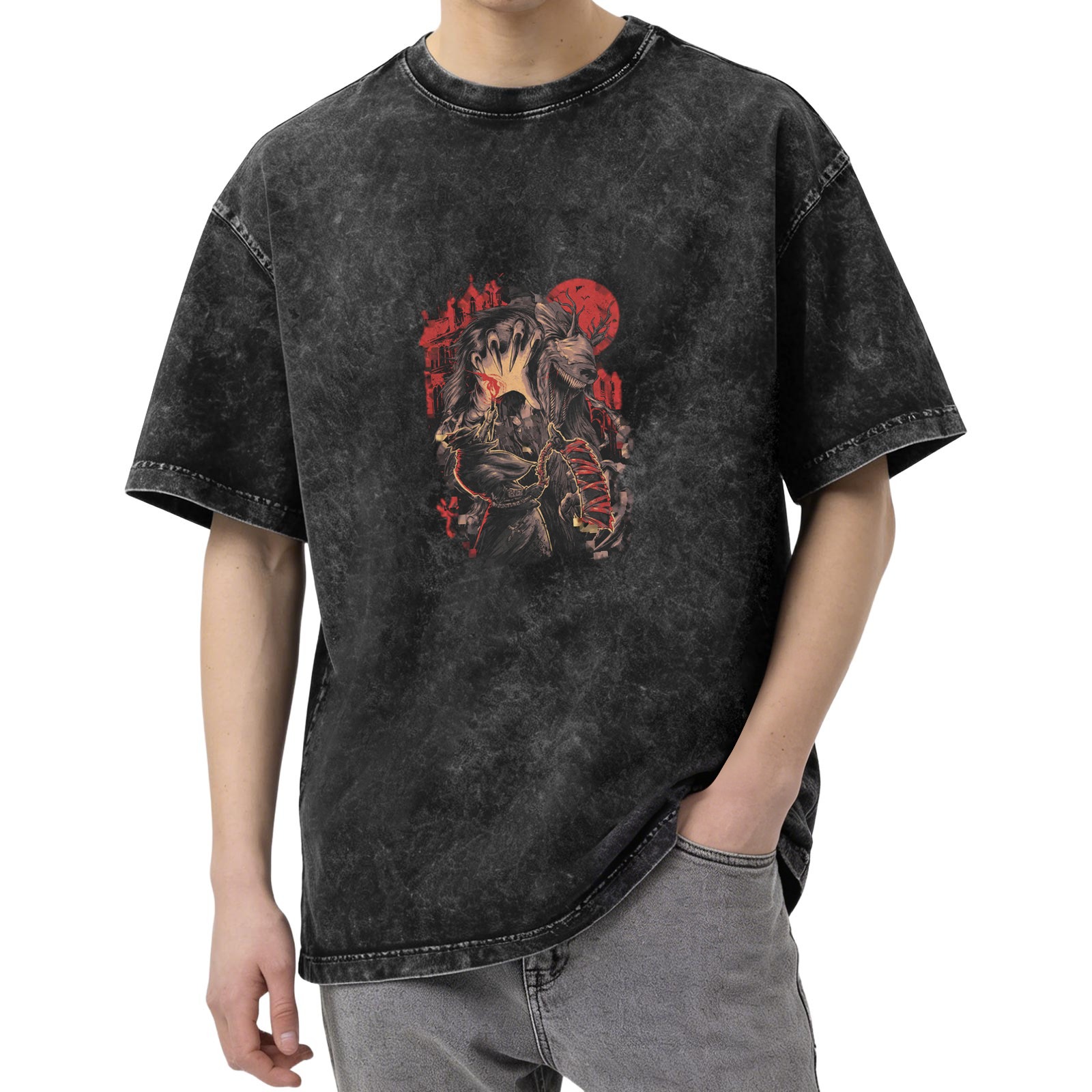 Washed Black Graphic T-Shirt With Dark Fantasy Monster And Red Moon Print