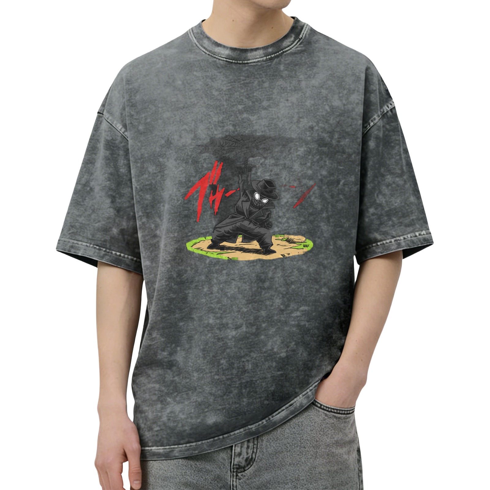 Washed black oversized t-shirt with anime ninja graphic print