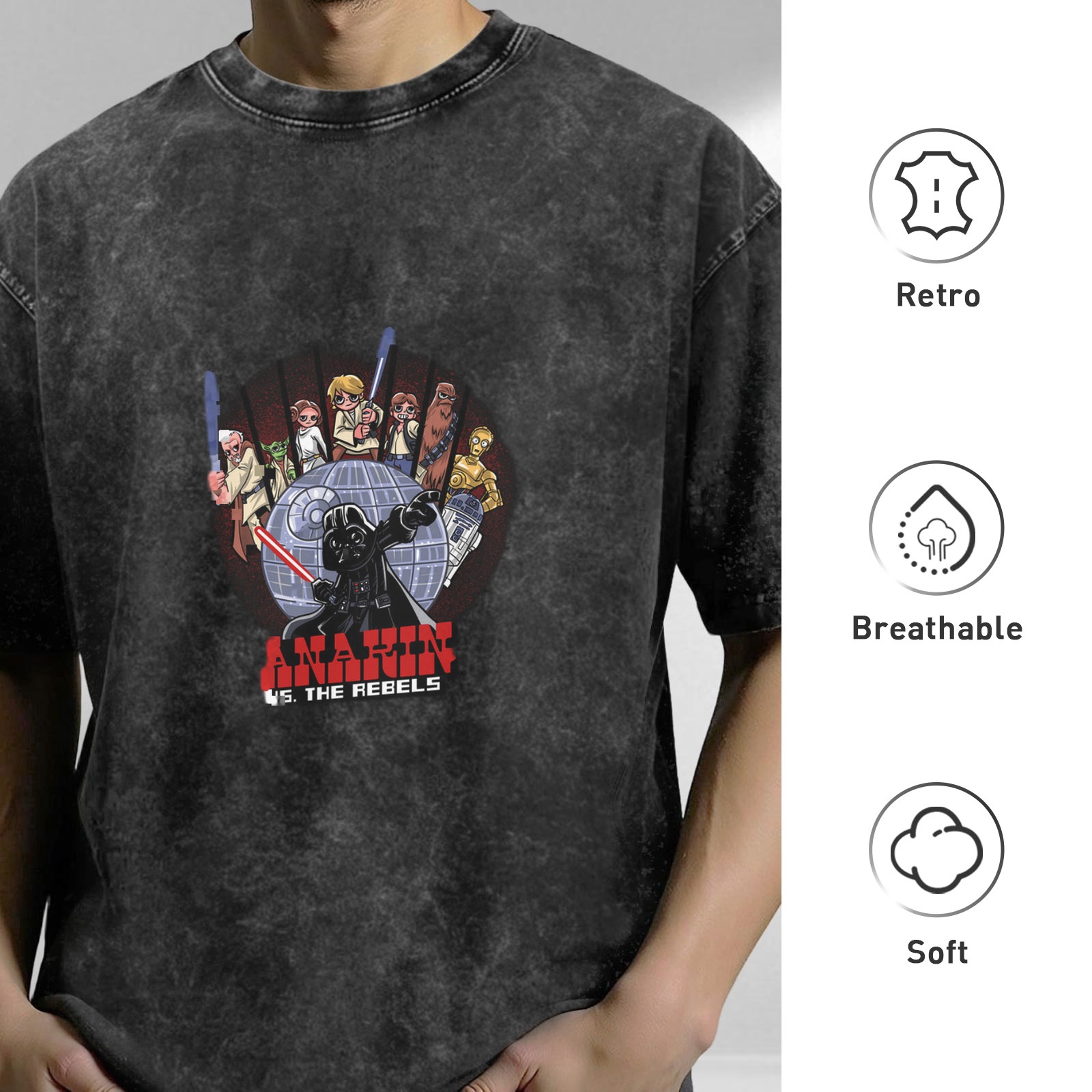 Star Wars themed washed distressed short-sleeved T-shirt Anakin vs Rebels printed casual top