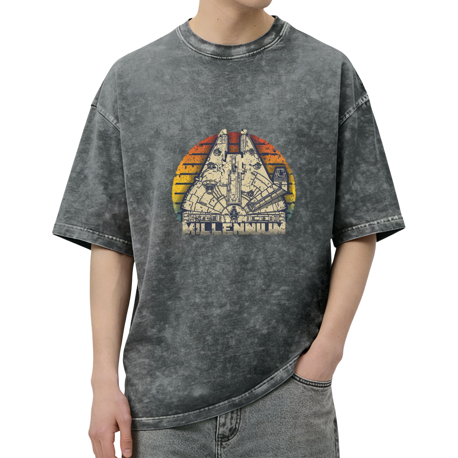 Washed Black T-Shirt with Millennium Falcon Retro Sunset Graphic
