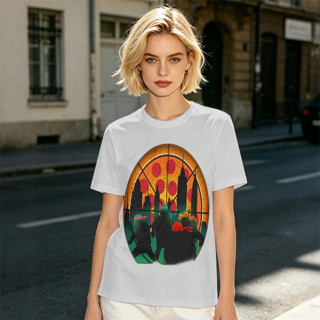 Olive T-Shirt With Ninja Turtles Pizza City Silhouette Print