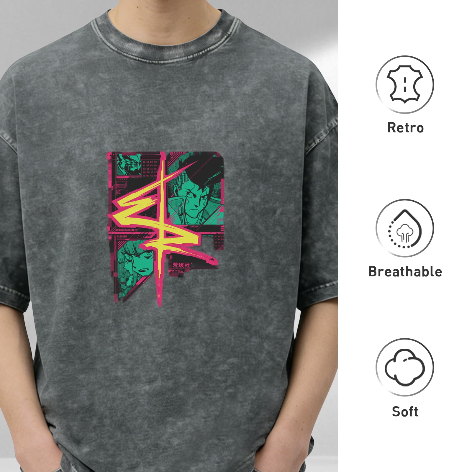 Cyberpunk Anime Graphic Acid Wash Oversized T-Shirt