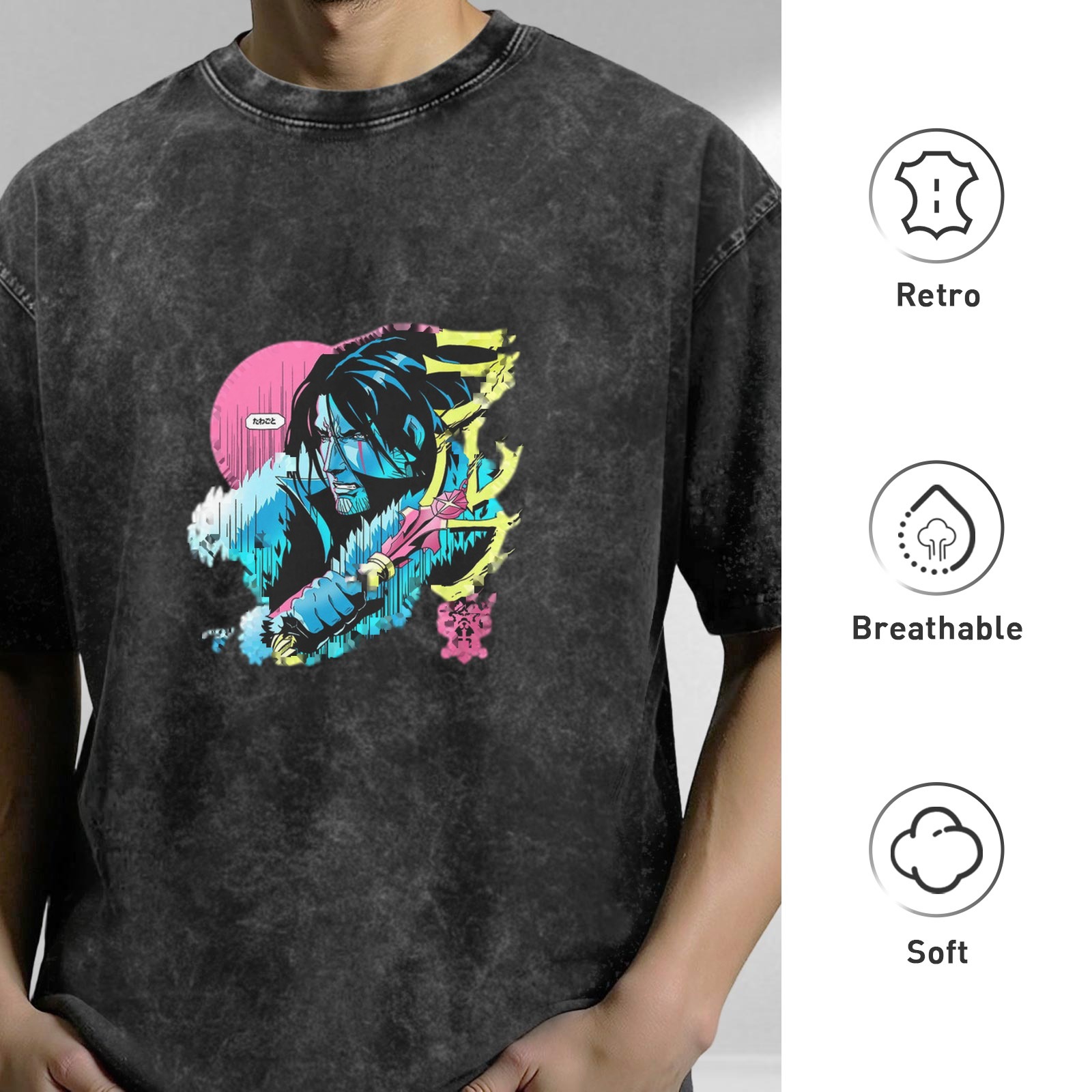 Distressed washed black loose short-sleeved T-shirt anime style character print design