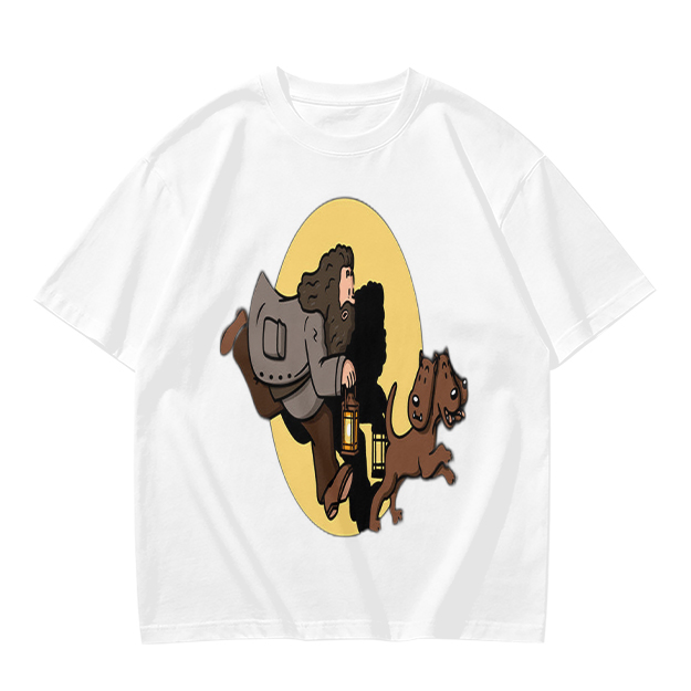 Olive T-Shirt With Cartoon Man And Dog Running Graphic