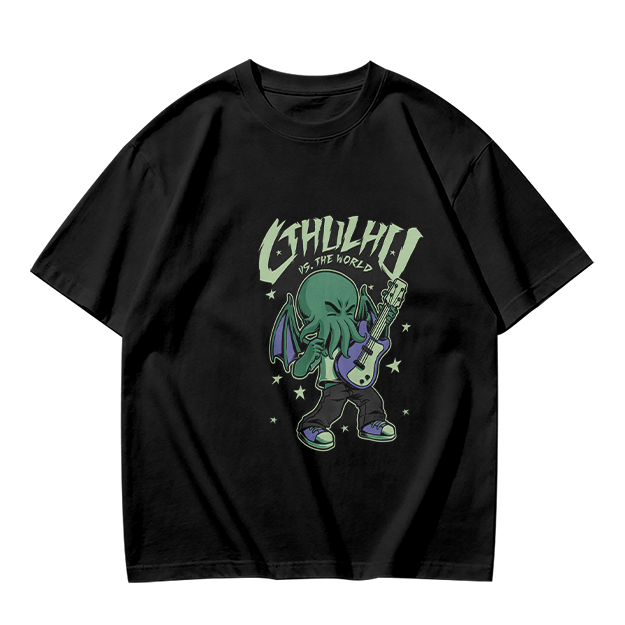 Olive T-Shirt Featuring Chibi Cthulhu Rocking a Guitar
