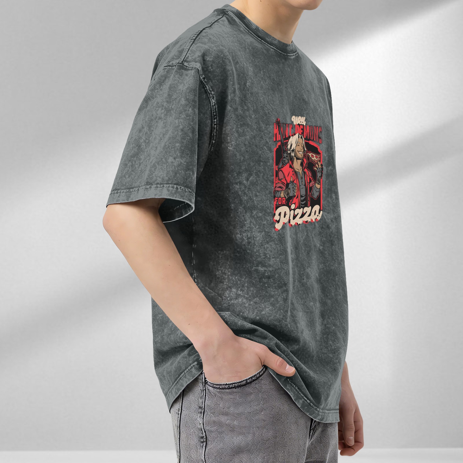 Devil May Cry Dante 'Hunt Demons For Pizza' Graphic Stone Wash T-Shirt