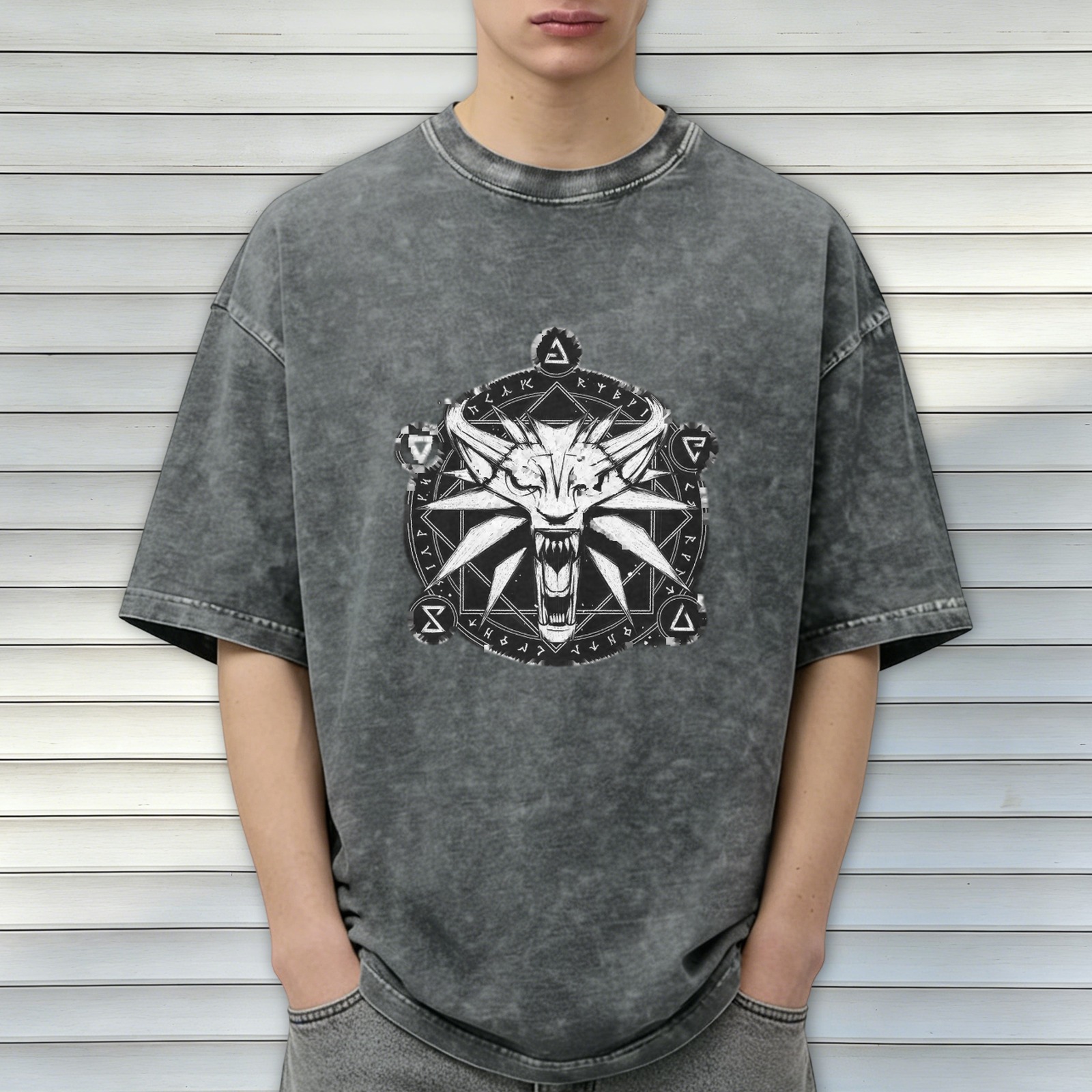 The Witcher Wolf Medallion Acid Wash Oversized T-Shirt