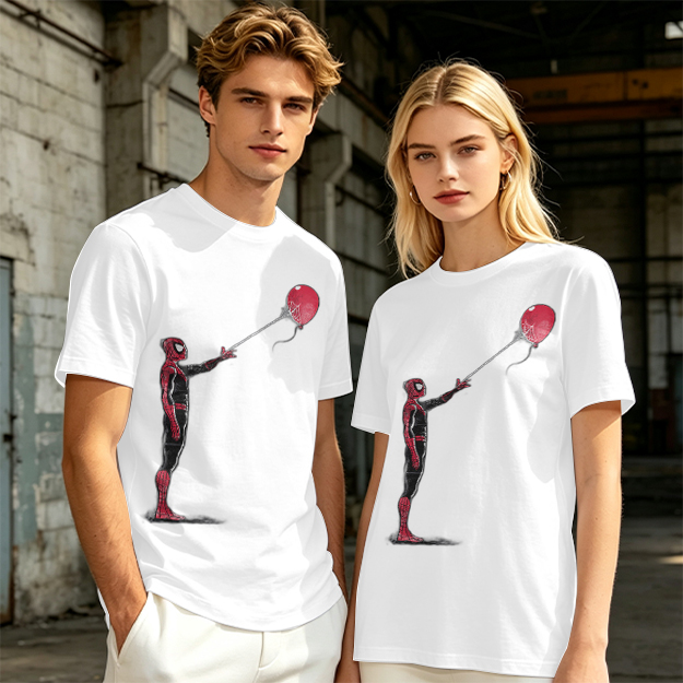 Olive T-shirt with Spider-Man Holding Red Balloon Graphic