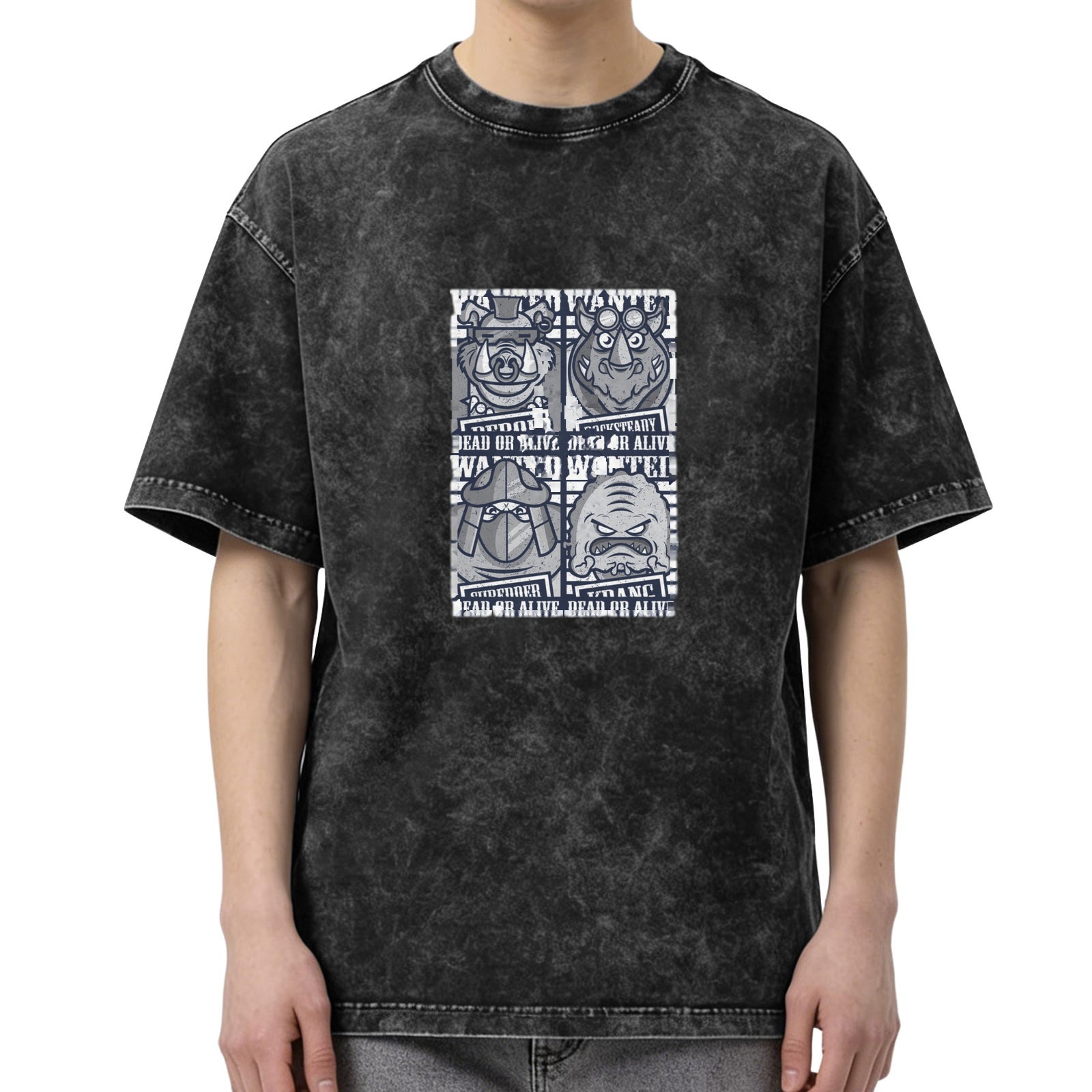 Wanted Themed Oversized Stonewashed T-Shirt With Cartoon Characters