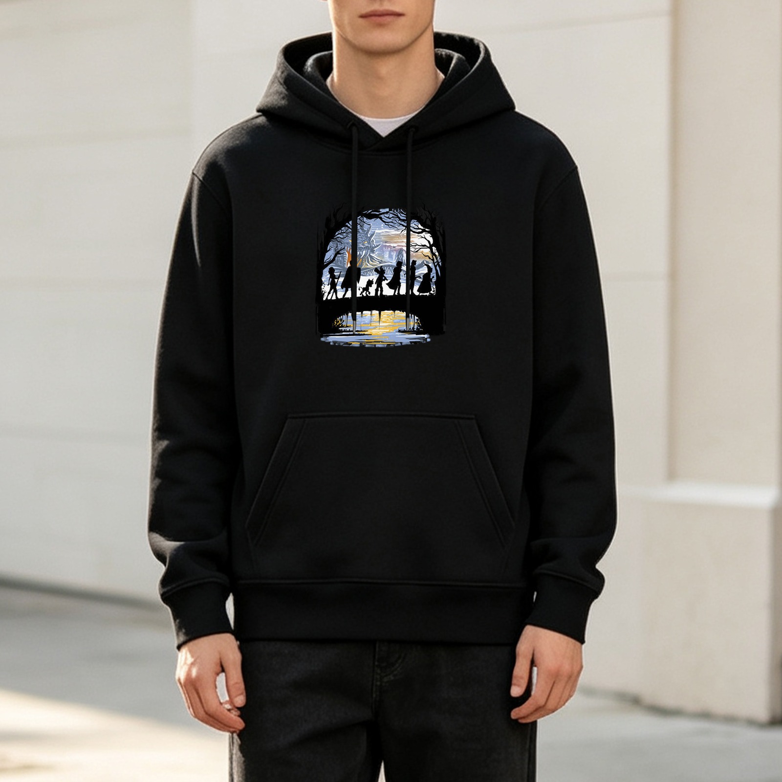 Black hoodie with fantasy adventure group silhouette graphic