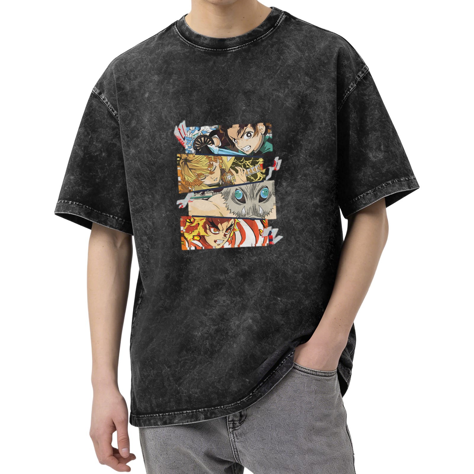 Demon Slayer themed distressed short-sleeved T-shirt