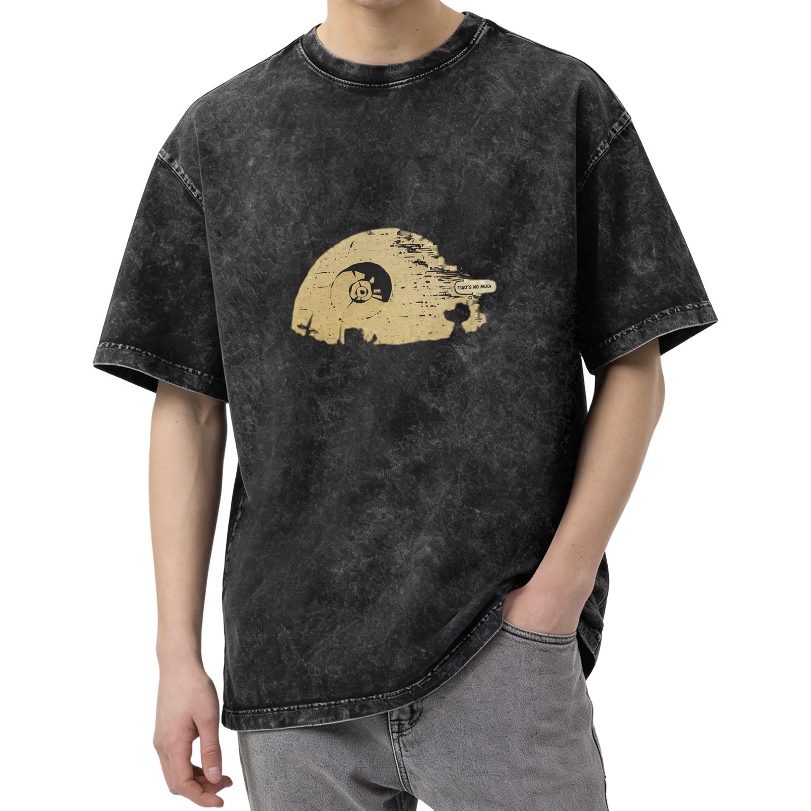 Distressed washed black Star Wars theme T-shirt round neck short-sleeved casual top