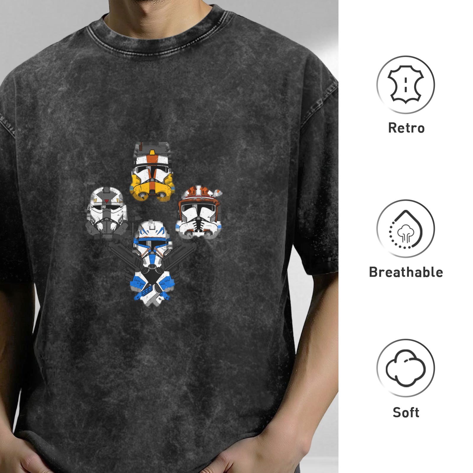 Star Wars Clone Trooper Helmets Dark Wash Graphic T-Shirt