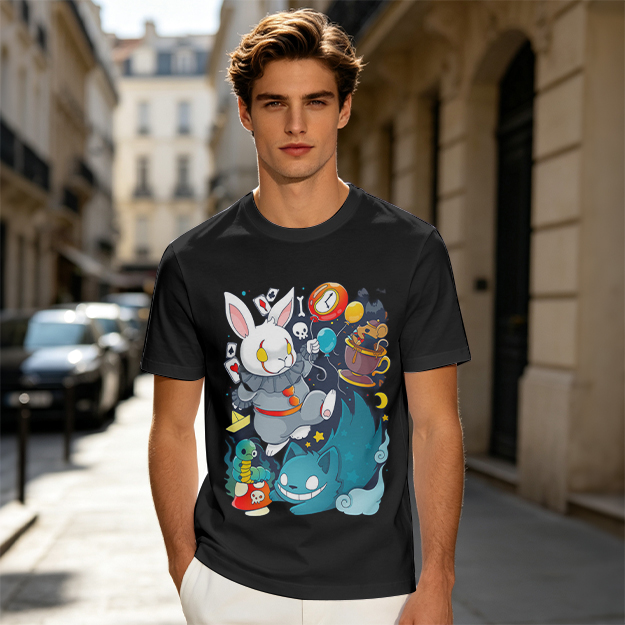 Alice in Wonderland Themed Graphic T-Shirt with Whimsical Characters