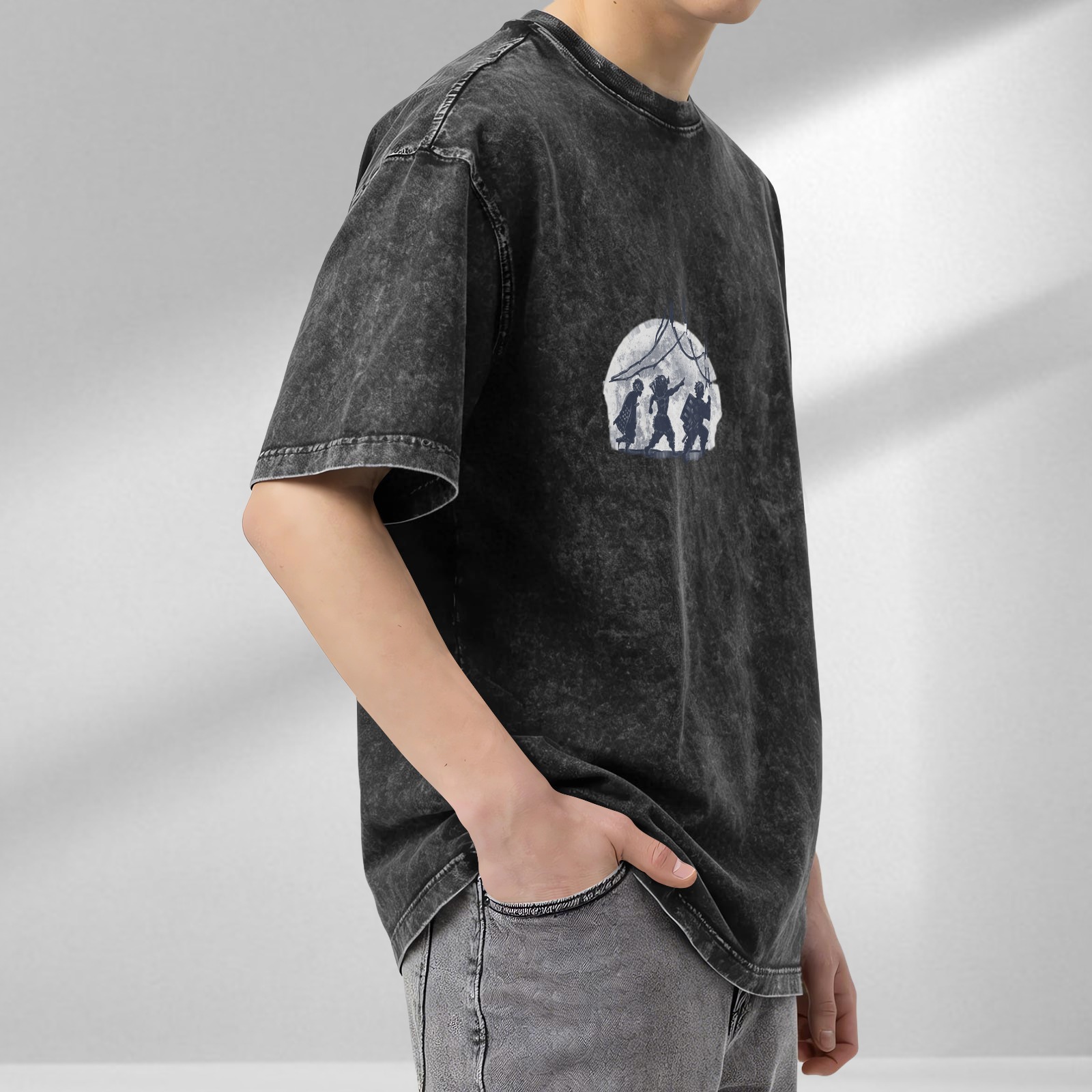 Washed Black Oversized T-Shirt With Moon Warrior Silhouette Graphic