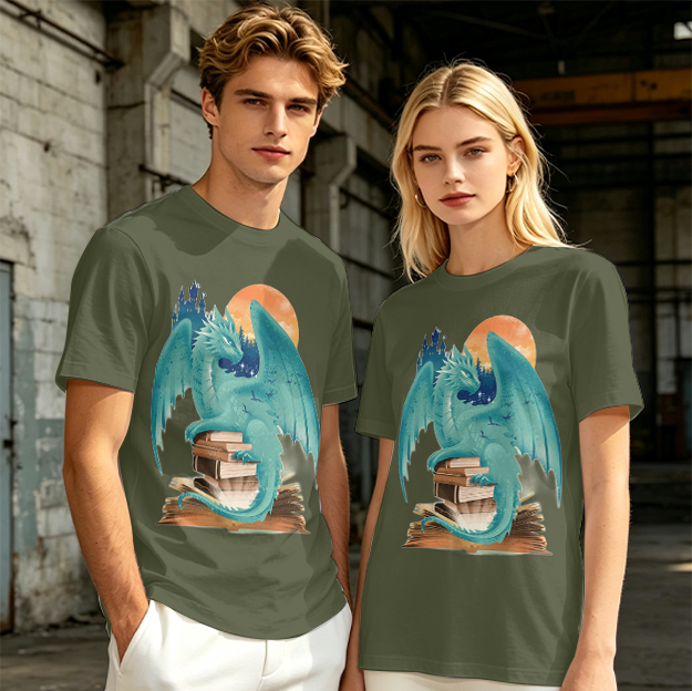 Teal Dragon Perched on Stacked Books Fantasy Graphic T-Shirt