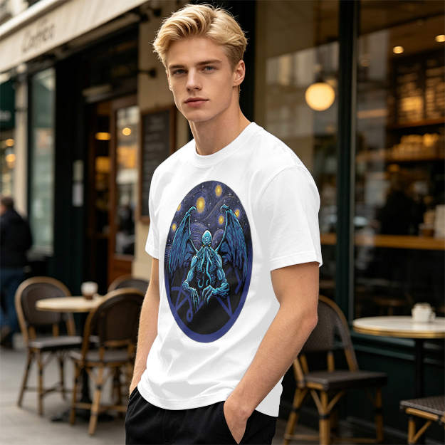 Olive T-Shirt with Cthulhu Starry Night Graphic Print