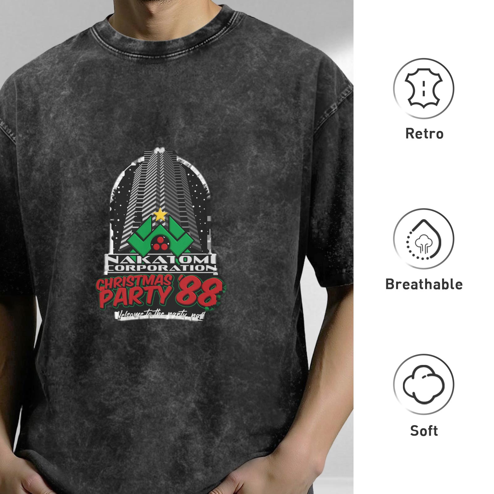 Nakatomi Corporation Christmas Party '88 Retro washed distressed short-sleeved T-shirt Christmas themed printed top