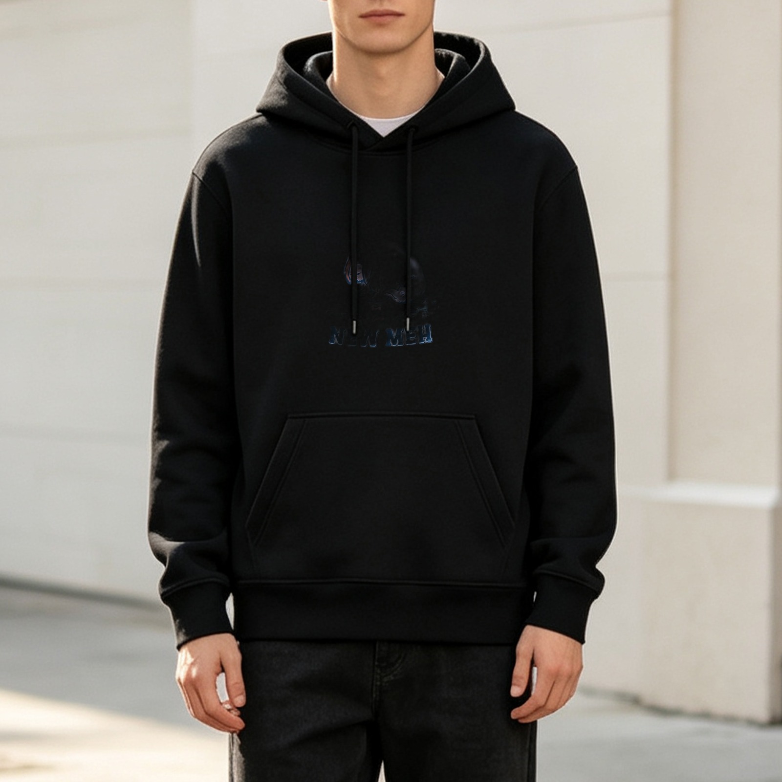 Black Graphic Print Hooded Sweatshirt with Front Pocket