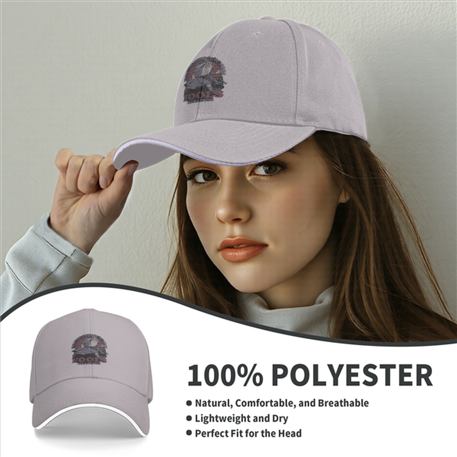 Black baseball cap with 'Fools Marathon' wizard graphic print