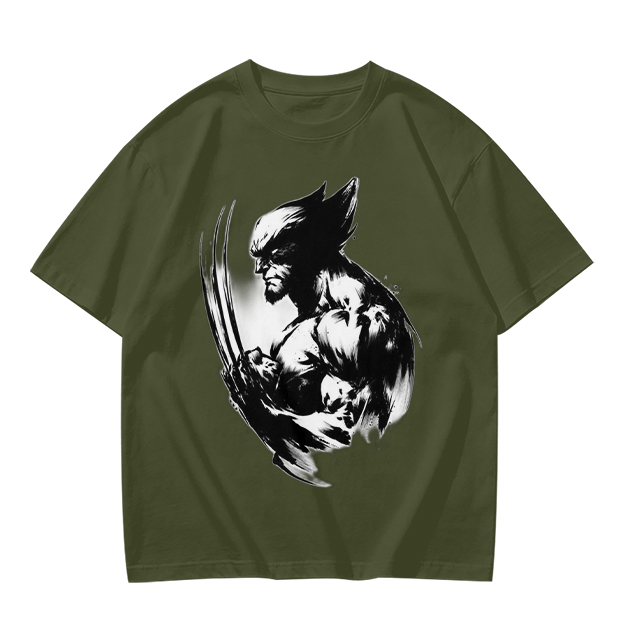 Olive T-shirt with Ink Style Wolverine Graphic Print