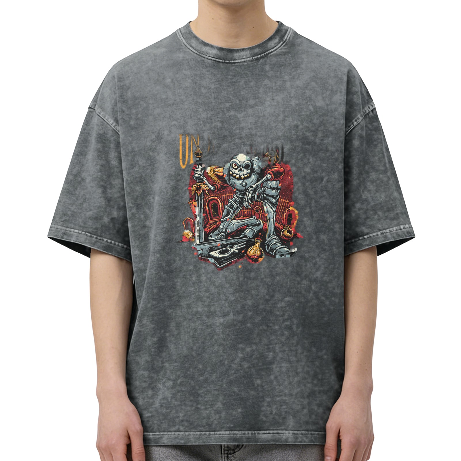 Washed Black Oversized T-Shirt With Skeleton Knight Graphic Print