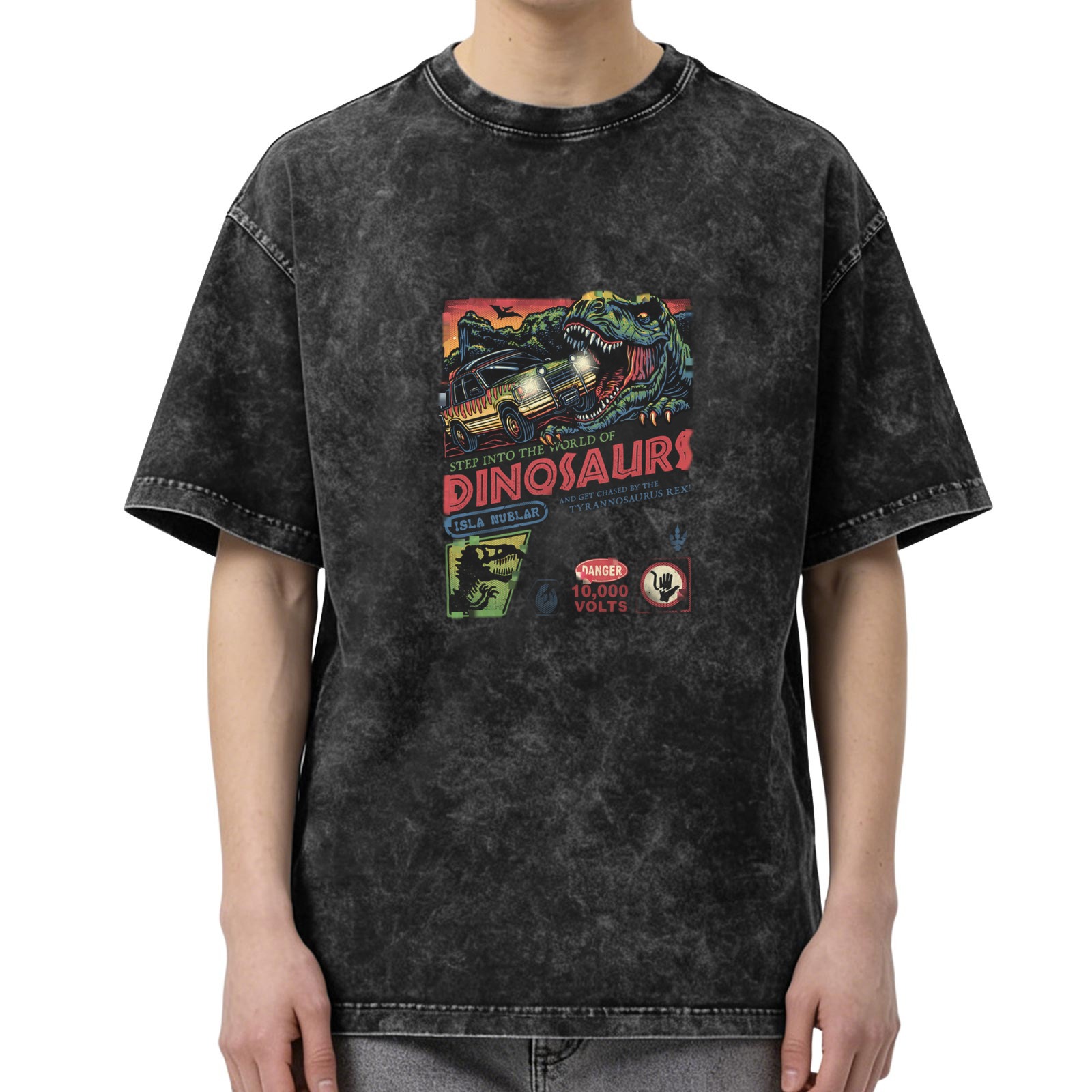 Washed Black T-Shirt with Retro Dinosaur Attack Graphic