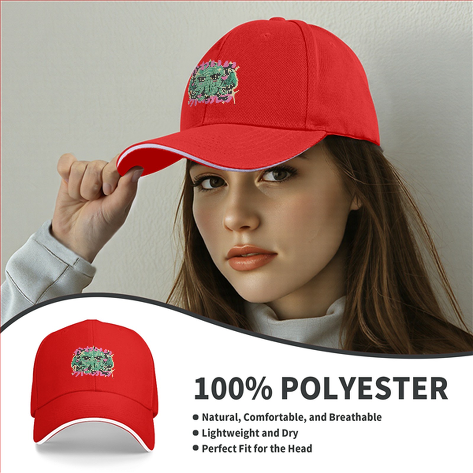 Black baseball cap with cute anime-style Cthulhu graphic