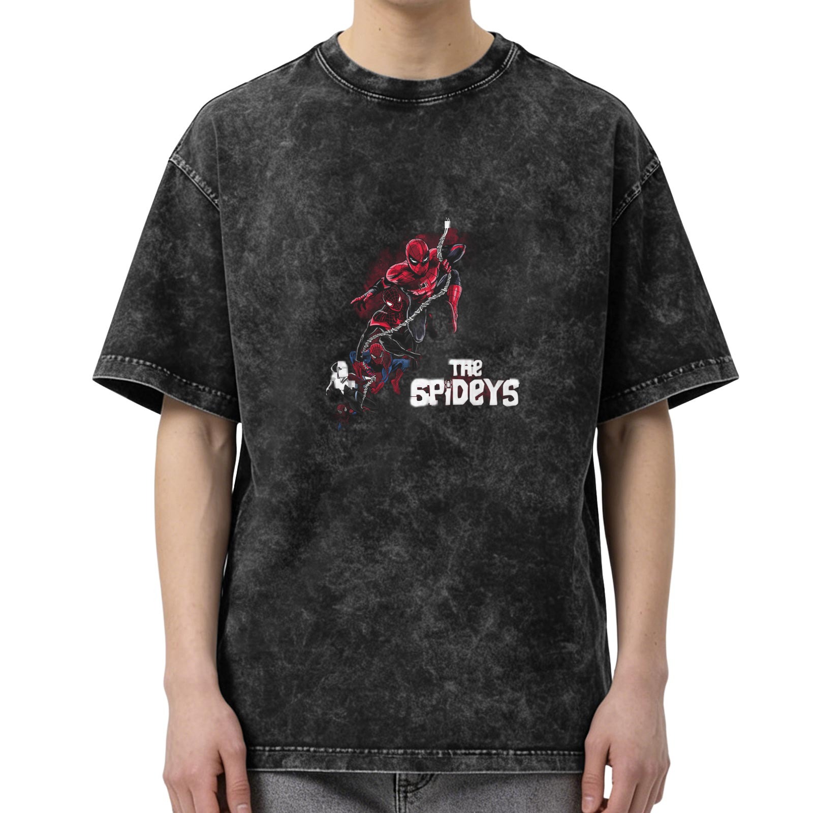 Washed and distressed black Spider-Man themed short-sleeved T-shirt Loose casual crew neck top