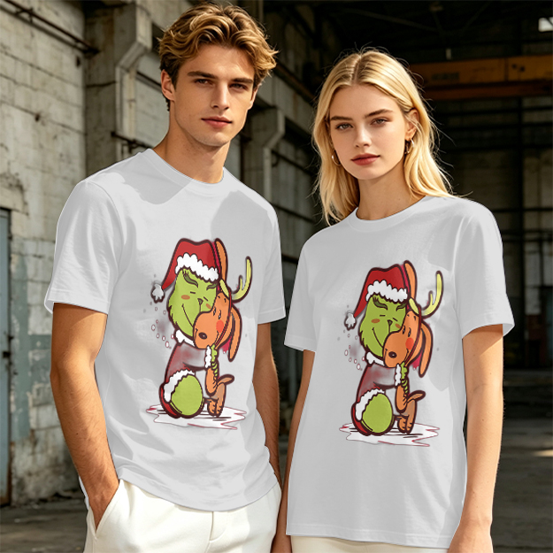 Olive Christmas T-Shirt Featuring Grinch Hugging Max The Reindeer