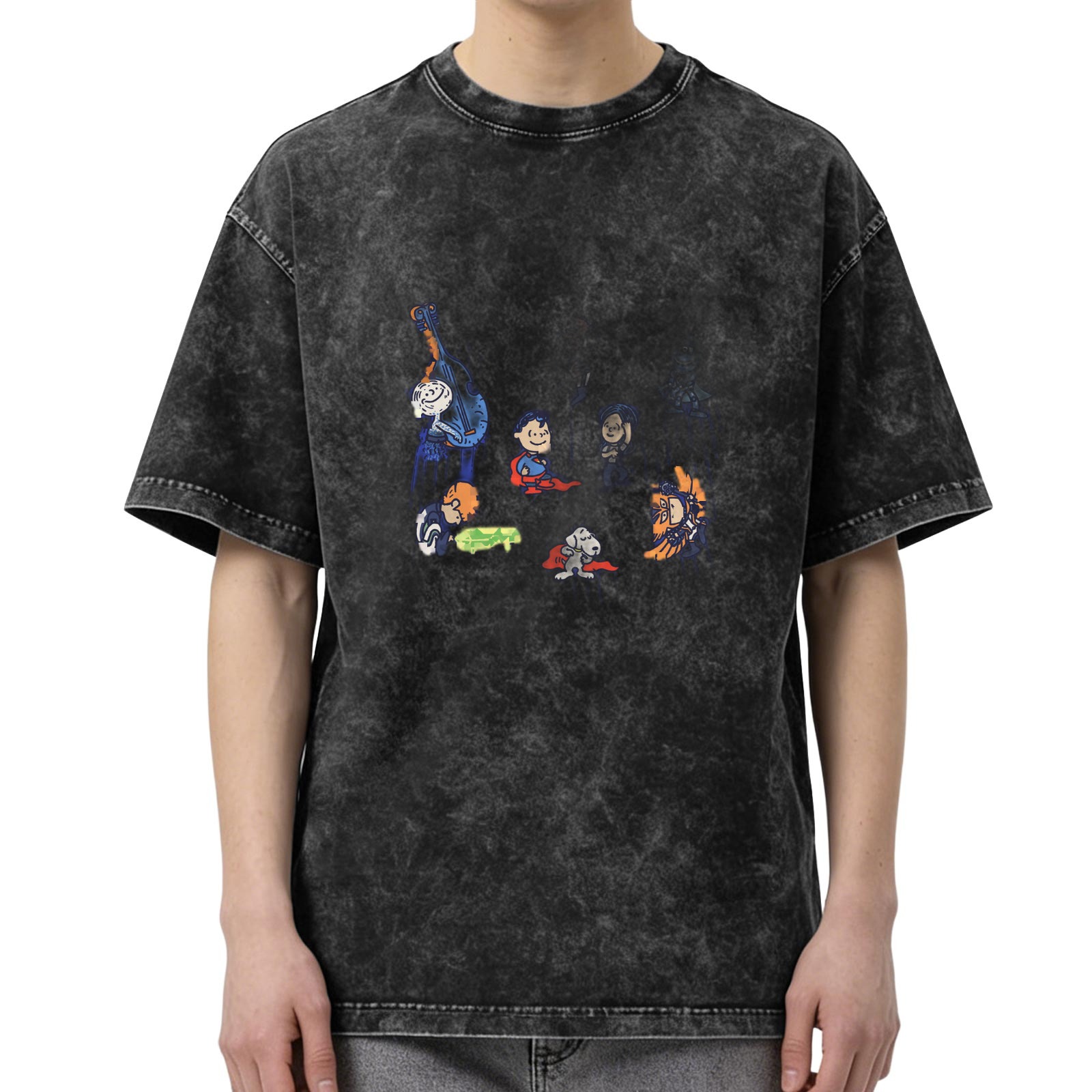 oversized washed black t-shirt with peanuts superhero graphic print