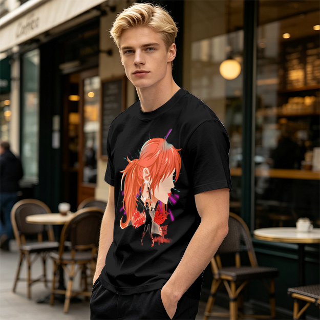 Olive T-Shirt with Anime Red-Haired Girl Profile Art Print