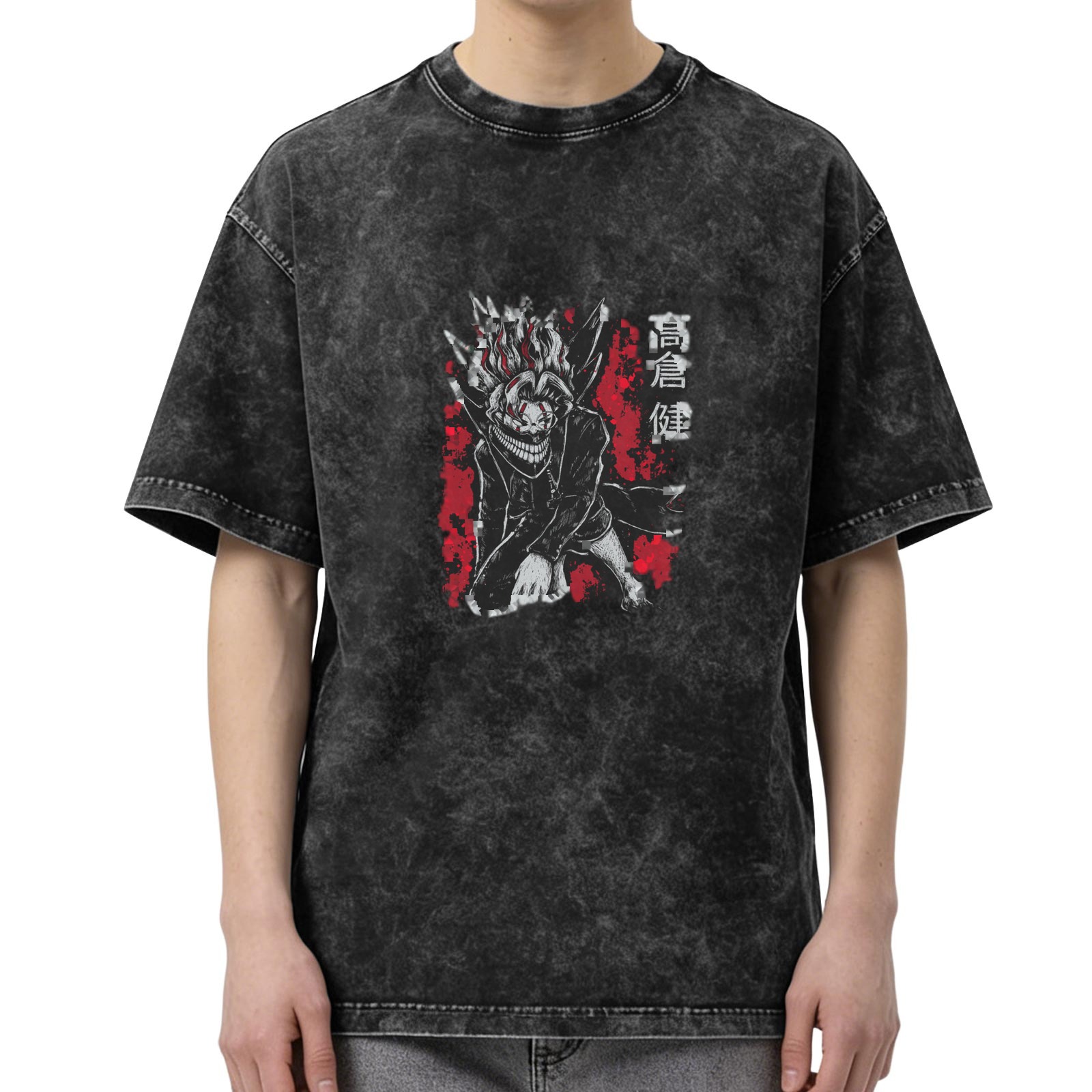 Takakura Ken anime print distressed washed short-sleeved T-shirt street style oversize round neck top