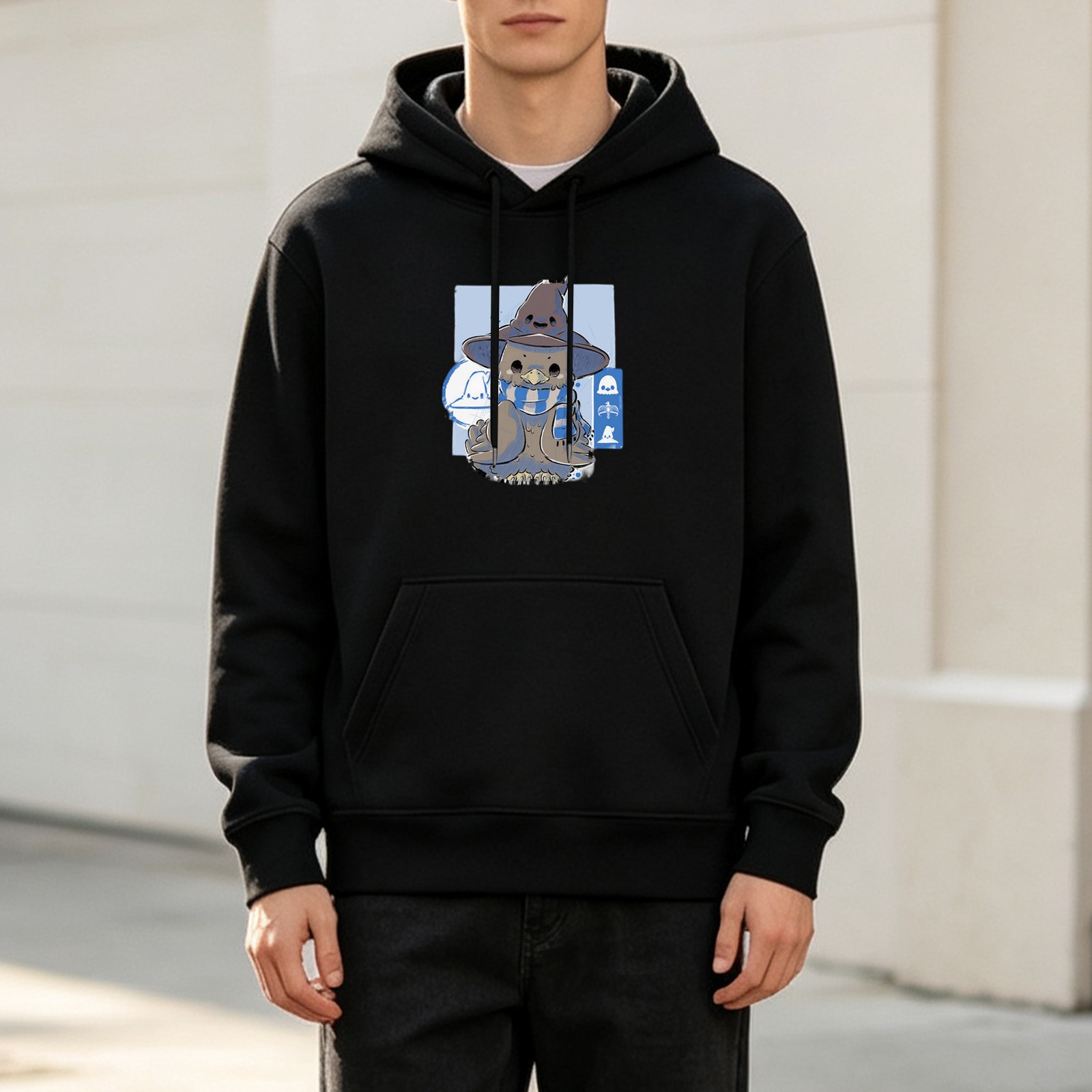 Black hoodie with cute wizard owl graphic design