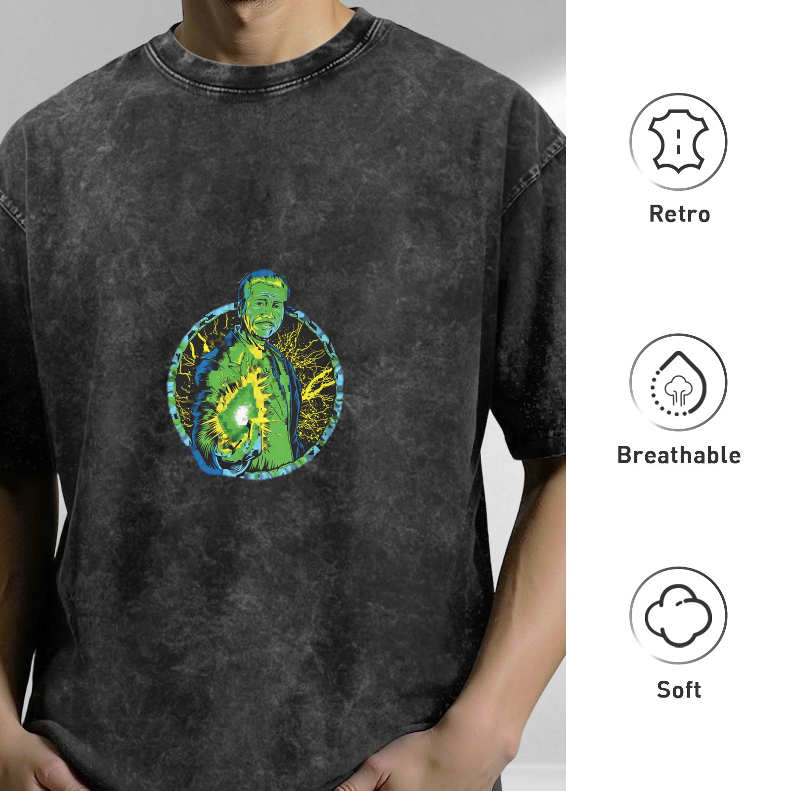 Oversized Acid Wash T-Shirt With Green Energy Figure Graphic