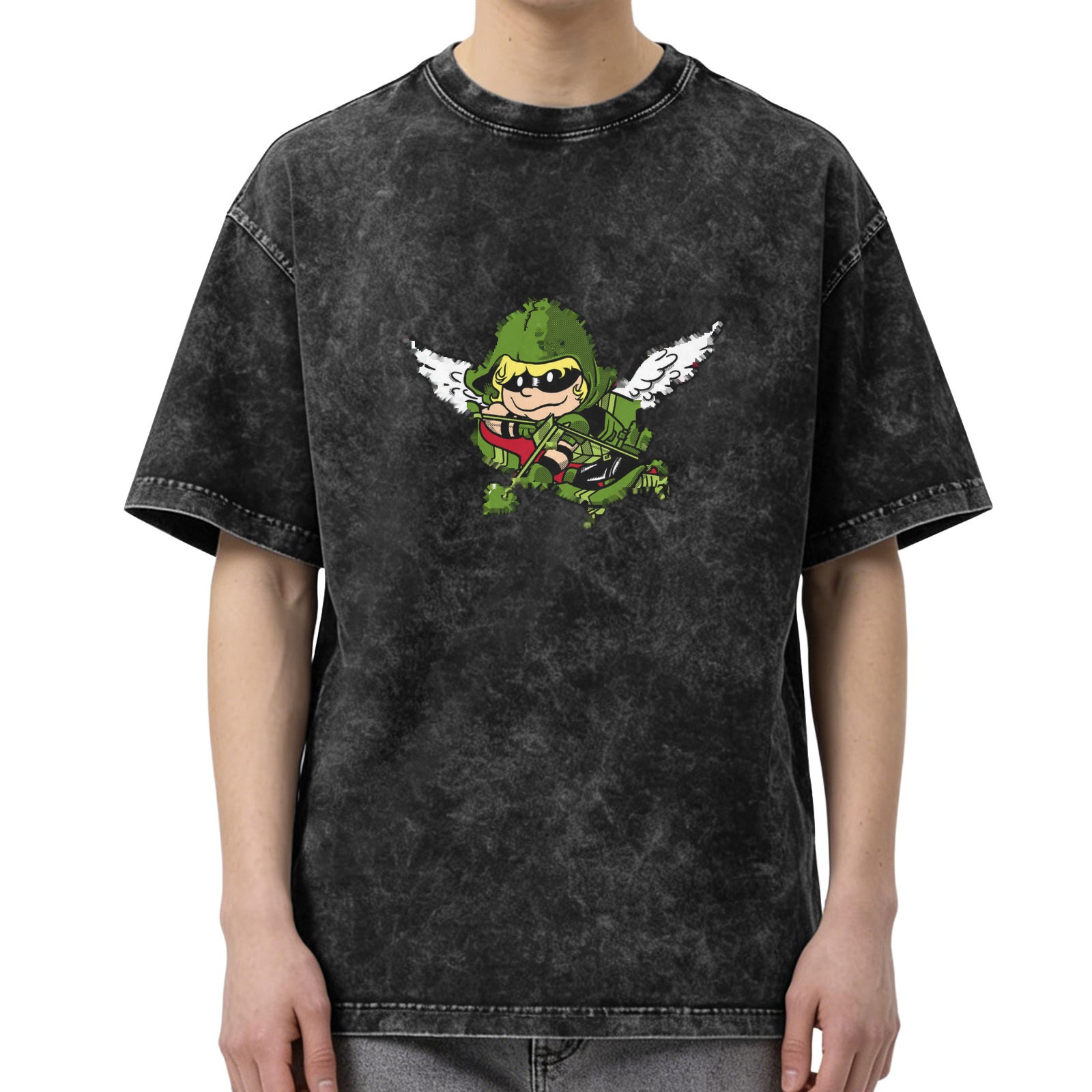 Washed Black T-Shirt With Chibi Green Arrow Angel Print