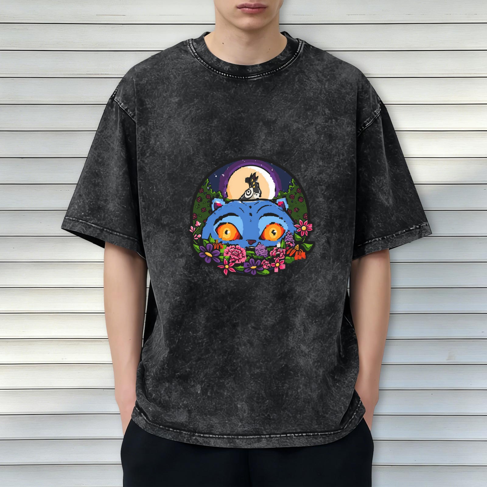 Washed Black T-Shirt With Blue Cat And Moon Floral Graphic