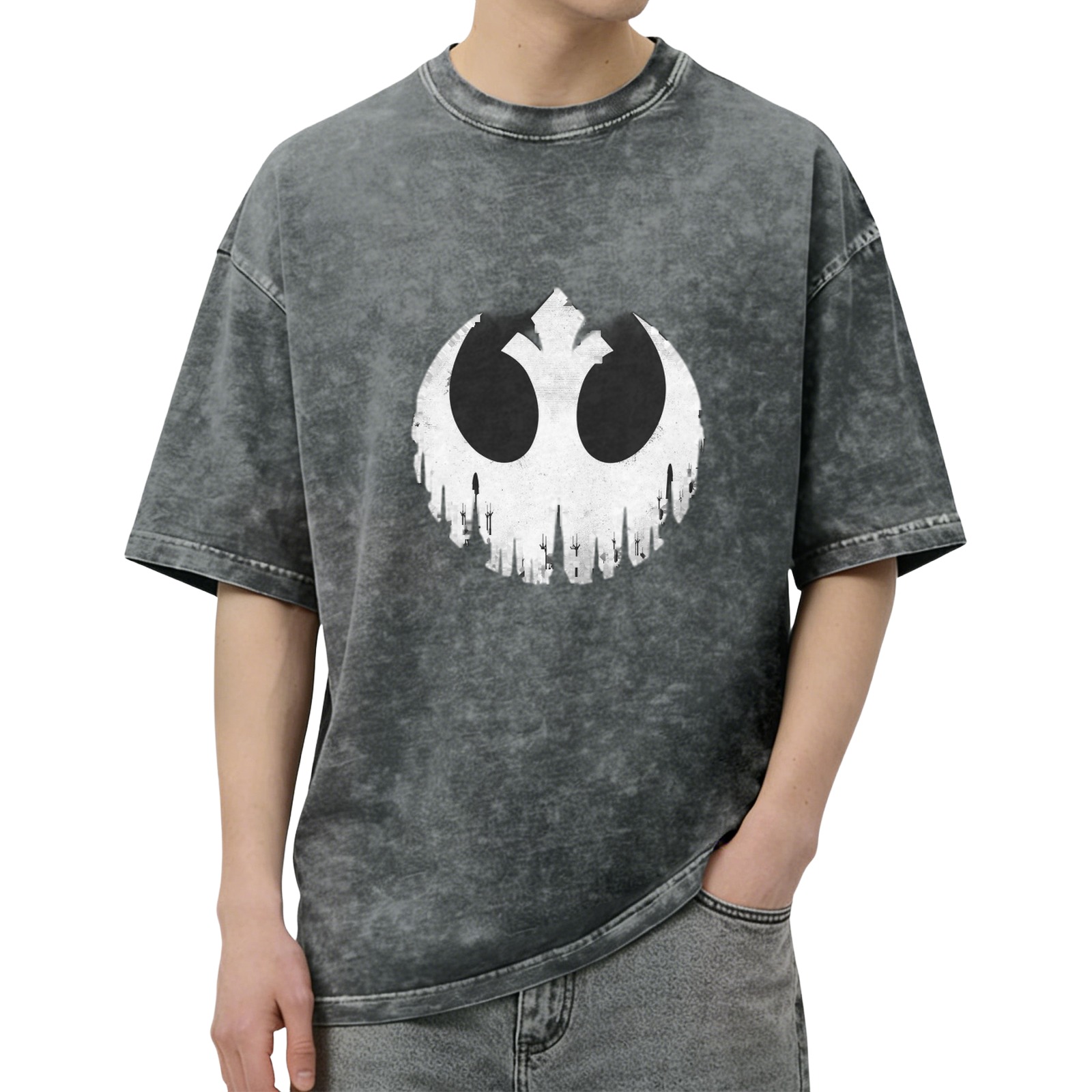 Washed Black T-Shirt with Skull Rebel Alliance Mashup Graphic