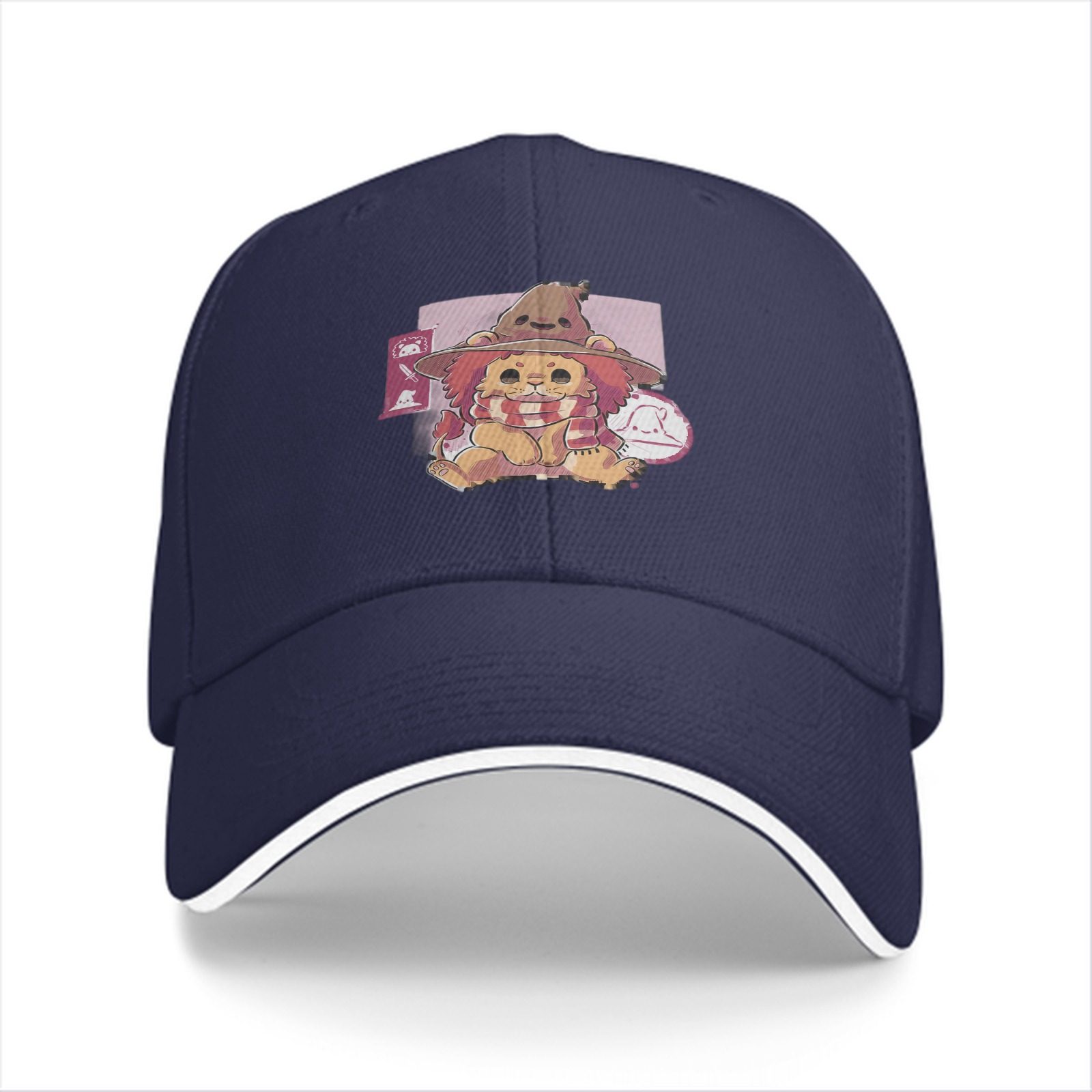 Black Baseball Cap With Cute Witch Lion Graphic Print