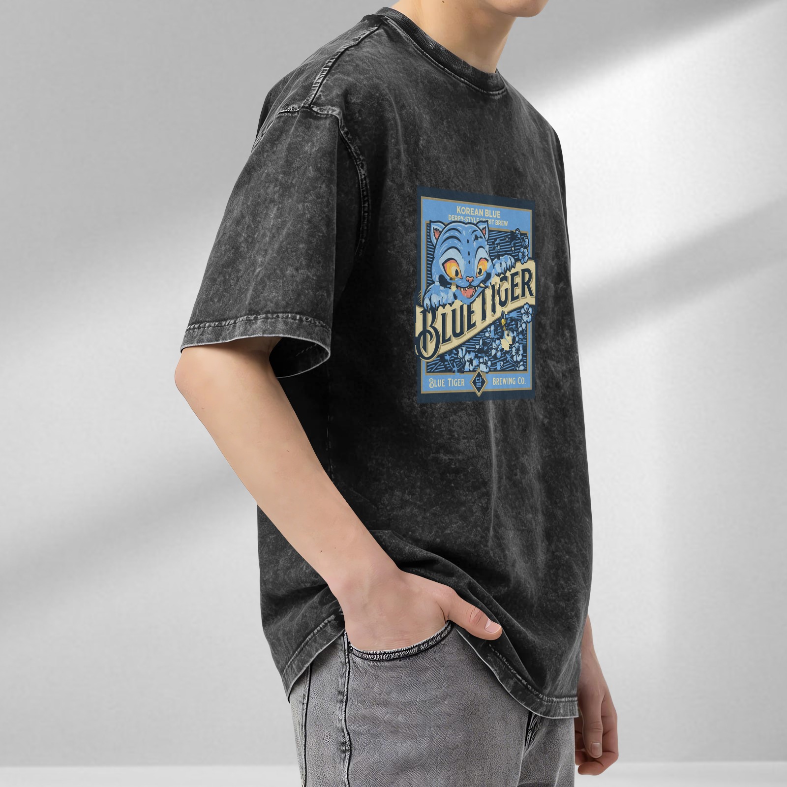 Washed Black Oversized T-Shirt with Blue Tiger Brewing Co Graphic