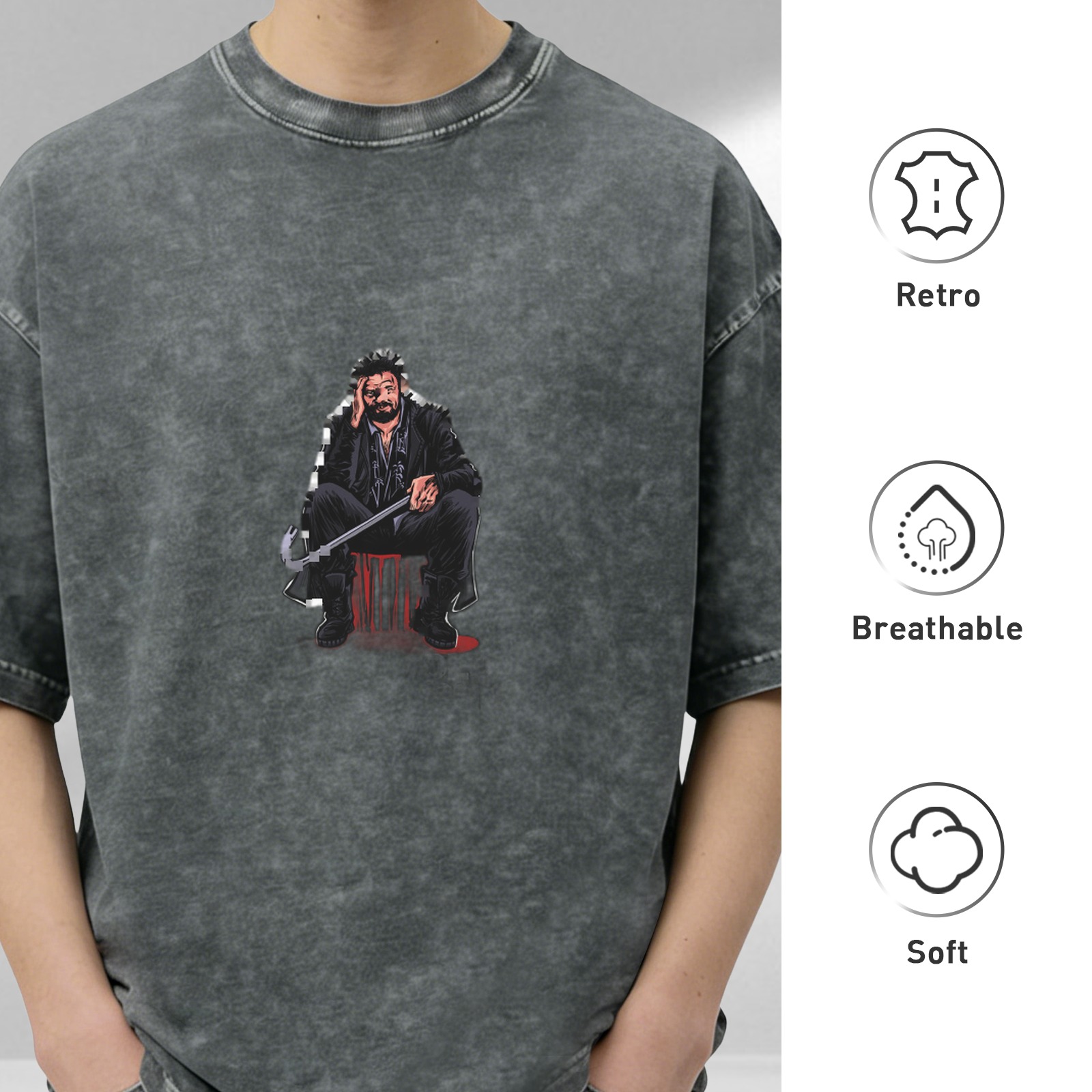 Washed Black Graphic T-Shirt with Seated Figure Holding Crowbar Print