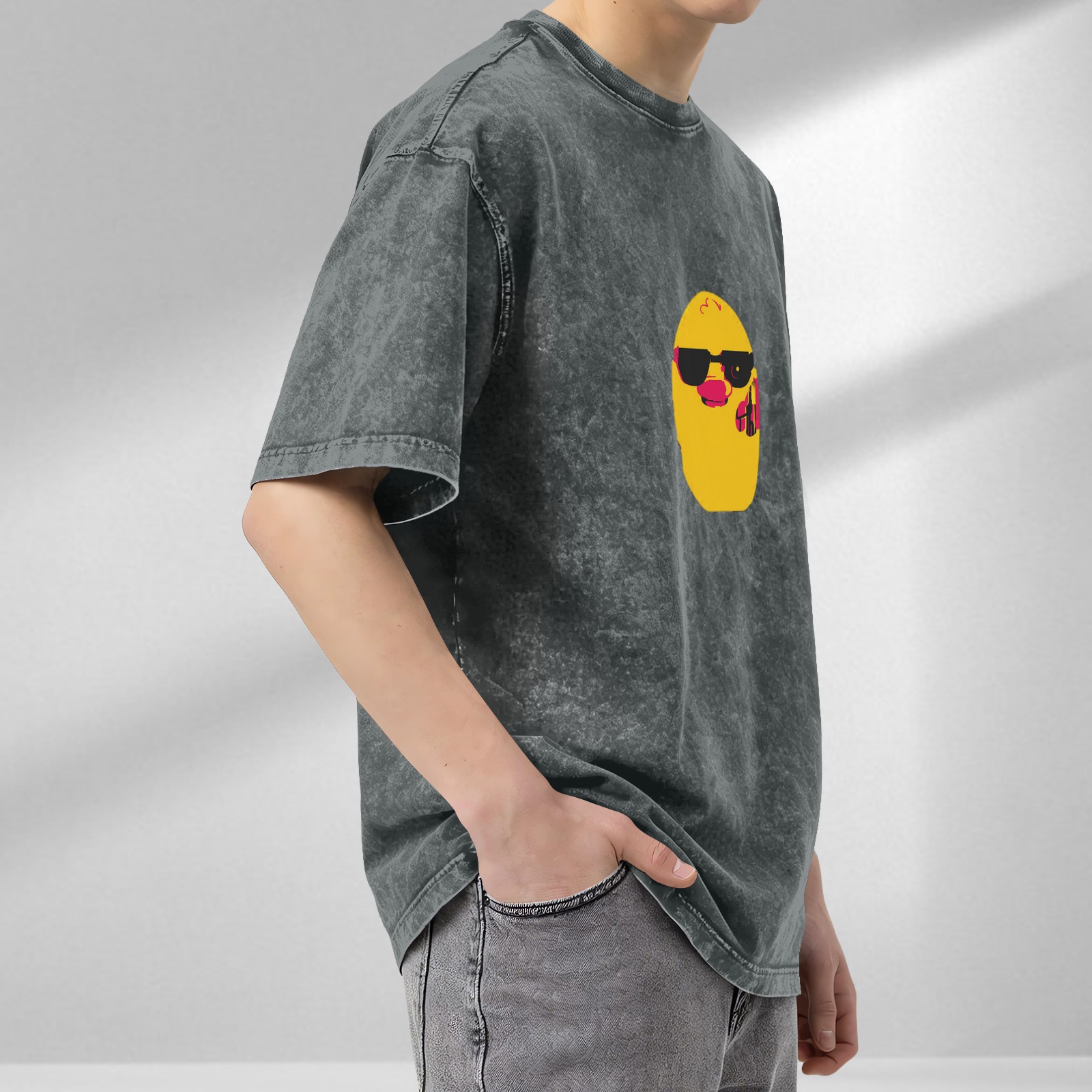 Washed Black T-Shirt With Cool Sunglass Duck Graphic