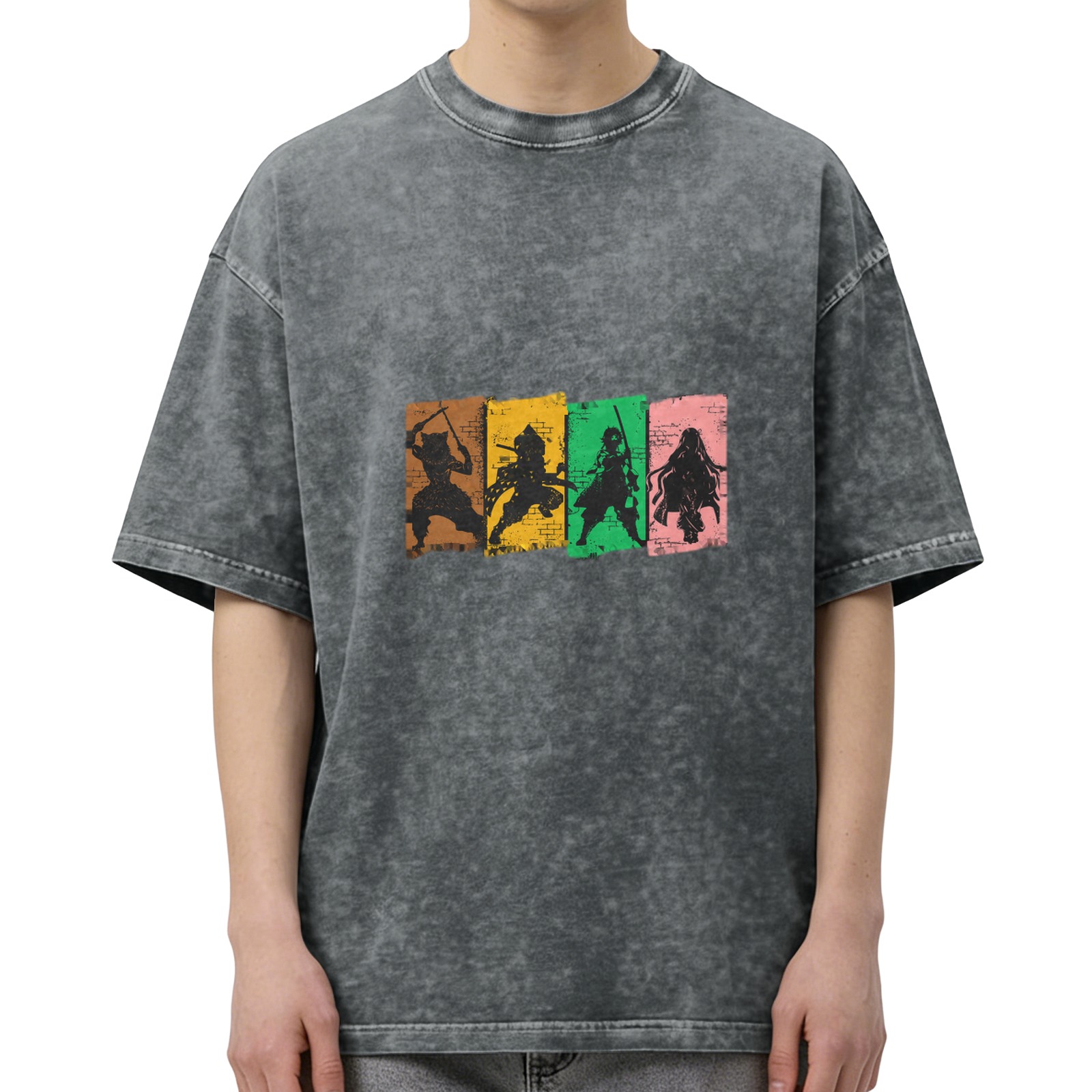 Washed Black Anime Character Silhouette Graphic T-Shirt