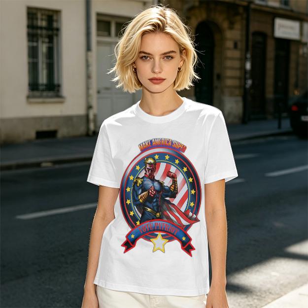 Olive t-shirt with patriotic superhero 'Make America Super' graphic
