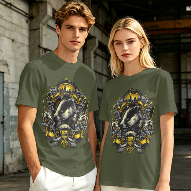 Olive T-shirt with Badger Crest Magical Artwork Print