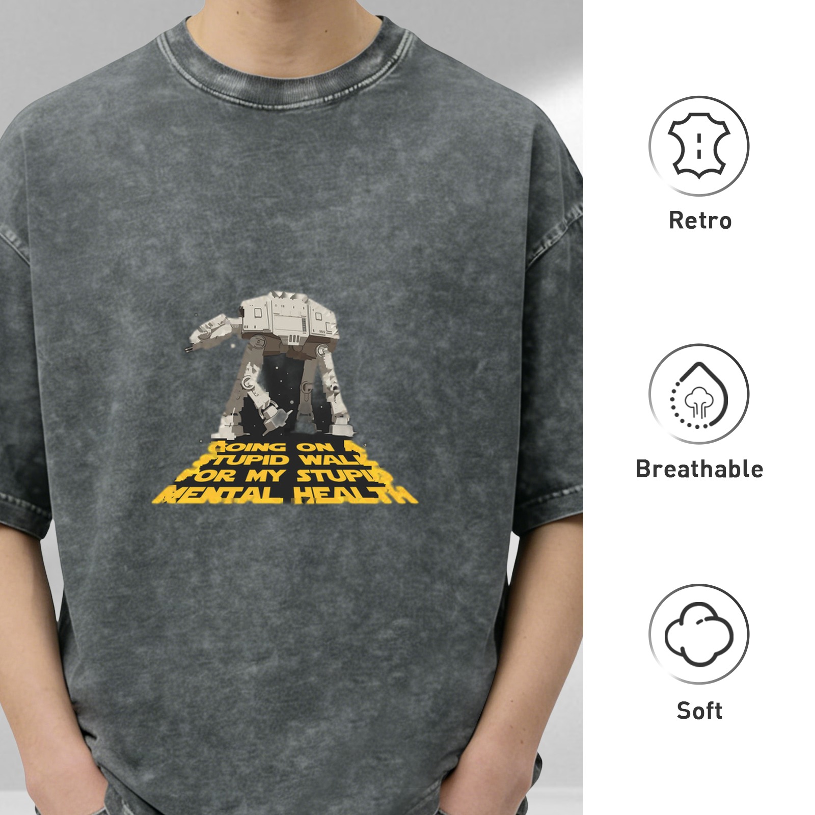 Old washed black Star Wars AT-AT walker fun text printed short-sleeved T-shirt