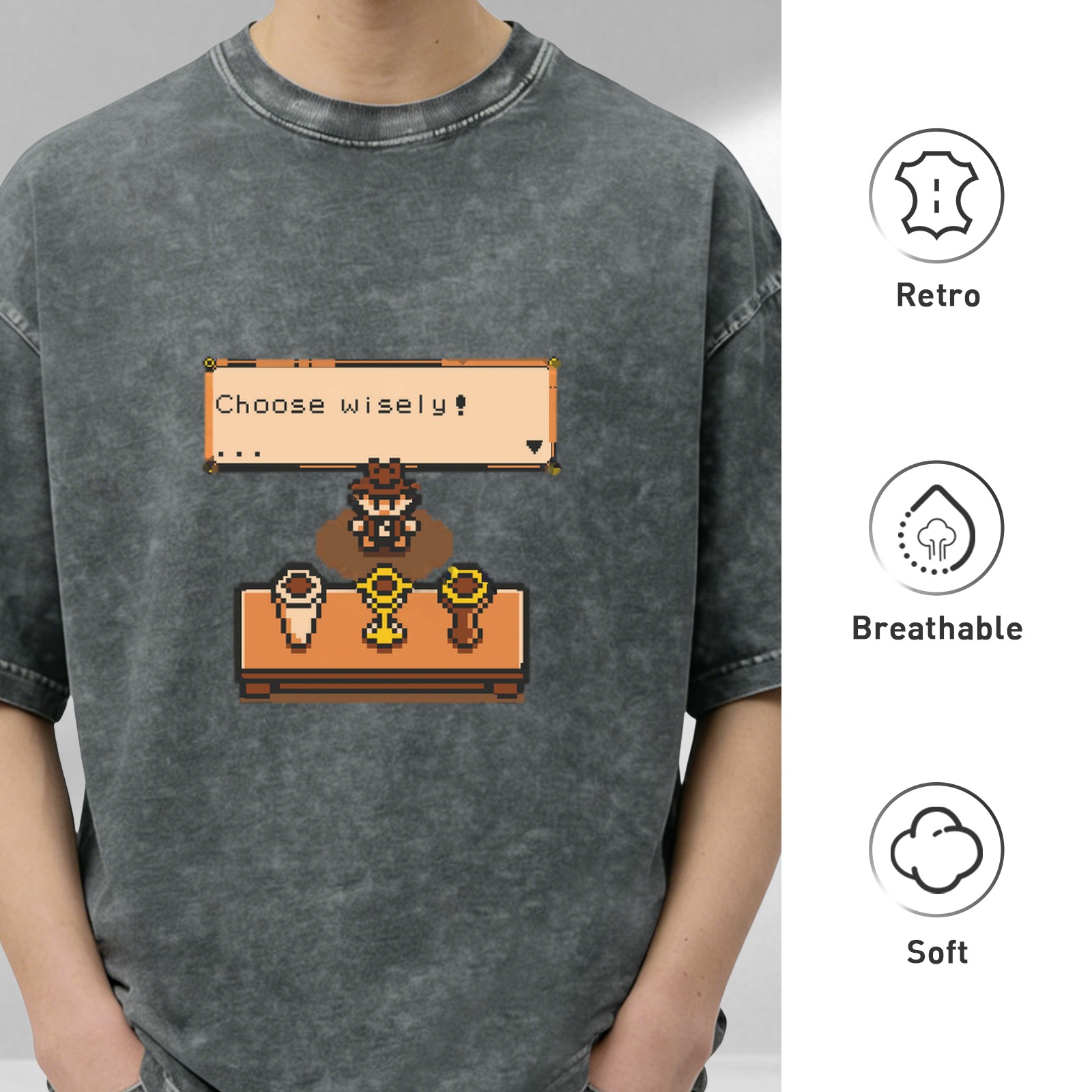 Retro Pixel Art Choose Wisely Graphic Dark Wash T-Shirt