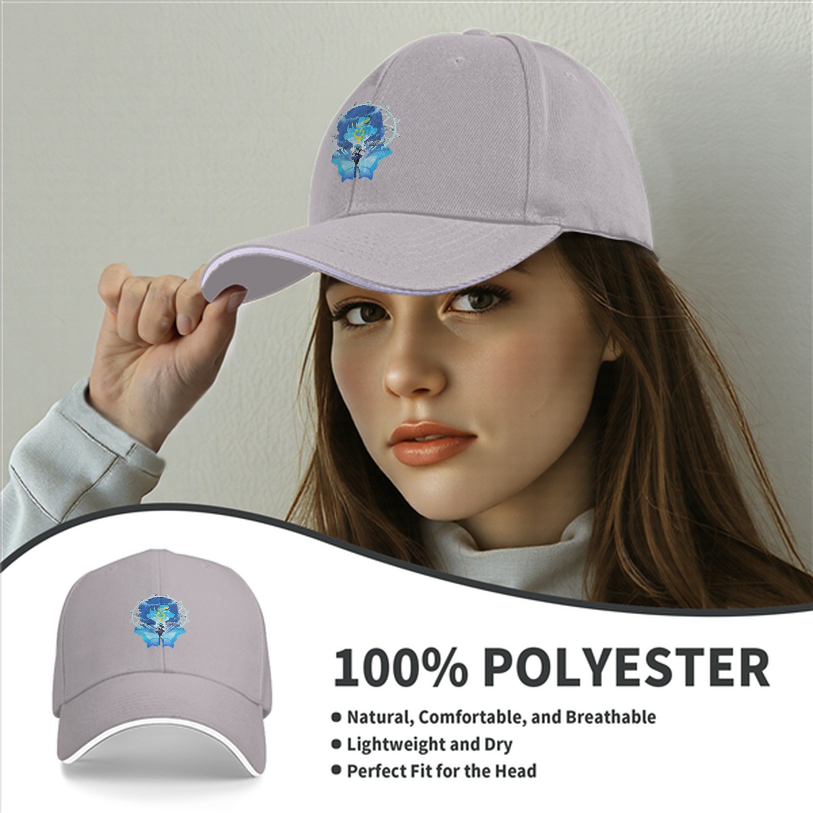 Black Baseball Cap With Blue Anime Character Art Print