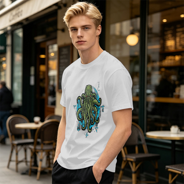 Olive Green T-Shirt With Cthulhu Octopus Monster Graphic